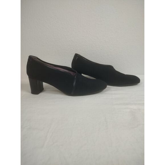 Taryn Rose, Black Pump Block Heel Stretch Fabric Leather Trim Size EU39M = US8M - Picture 9 of 16